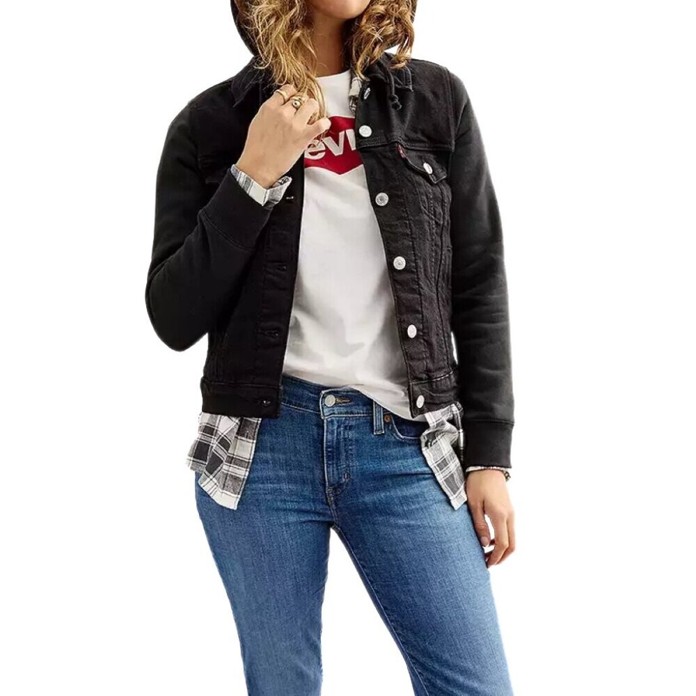Levi's Black Hybrid Denim Hoodie Original Trucker Jacket Size M - Picture 7 of 12